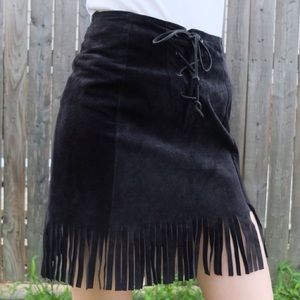 Vintage Lace-Up Suede Fringe Skirt